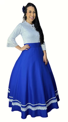 Saia de Prenda Feminina Oxford Broderi na Barra - Azul Royal - Rincão Gaúcho RS
