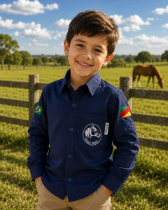 Camisa Infantil Manga Longa Menino Bordado Cavalo Crioulo - Azul Marinho - Rincão Gaúcho RS