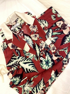 Pijama Camisa manga larga y pantalón bordo con puños y cuello en sedita crema - Bastille