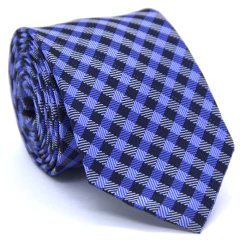 Gravata Slim Xadrez Azul Puro, Azul Serenity, Preta e Branca SL-06086