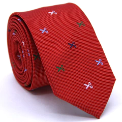 Gravata Slim Estampa Desenhada Vermelha, Branca, Azul Marinho e Verde Escuro Texturizada - comprar online