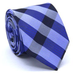 Gravata Slim Xadrez Azul Puro, Branca e Preta SL-06115