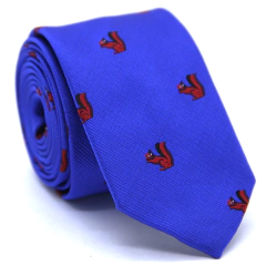 Gravata Slim Estampa Desenhada Esquilos Azul Royal e Terracota Texturizada - comprar online