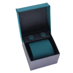 KIT Caixa de Presente, Gravata Tradicional, Lenço e Abotoadura Verde Petróleo Textura Quadriculada - comprar online