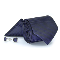 KIT Gravata Tradicional, Lenço e Abotoadura Azul Marinho e Preto Texturizada KIT-TRLEAB17030
