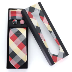 KIT Caixa de Presente, Gravata Slim, Lenço e Abotoadura Bege, Vermelho, Preto e Cinza