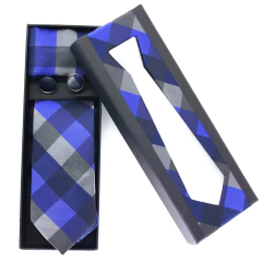 KIT Caixa de Presente, Gravata Slim, Lenço e Abotoadura Azul Royal, Cinza Grafite e Azul Marinho
