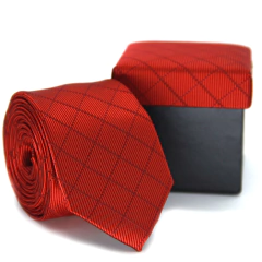 KIT Caixa De Presente e Gravata Slim Xadrez Vermelho