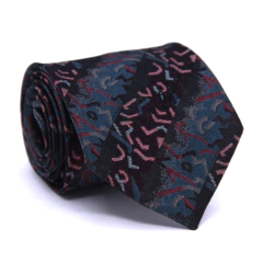 Gravata Tradicional Seda Estampa Desenhada Preto, Rosa, Marsala e Azul Serenity