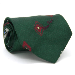 Gravata Extra Larga Seda Estampa Desenhada Verde Escuro e Vermelho
