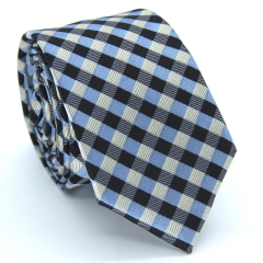 Gravata Slim Xadrez Azul Bebê, Preta e Champagne - comprar online