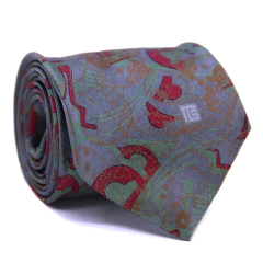 Gravata Tradicional Estampa Desenhada Cinza Grafite, Vermelho e Verde Menta cx0083-se09039