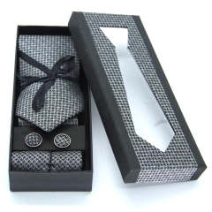 KIT Caixa de Presente, Gravata Tradicional, Lenço e Abotoadura Xadrez Preto e Cinza KIT-CXTRLEAB17300 - comprar online
