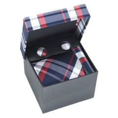 KIT Caixa de Presente, Gravata Tradicional, Lenço e Abotoadura Xadrez Azul Marinho Vermelho e Branco KIT-CXTRLEAB17296 - comprar online