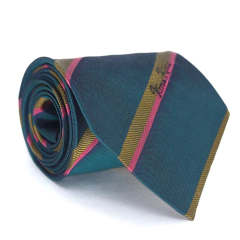 Gravata Extra Larga Estampa Listrada Verde Escuro, Dourado e Rosa