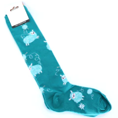 Meia Cano Alto Adulto Verde Tiffany e Branca Estampa Ovelhas - comprar online