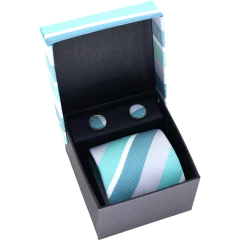 KIT Gravata Tradicional, Lenço e Abotoadura Cinza, Verde Tiffany e Verde Petróleo Listrada - comprar online