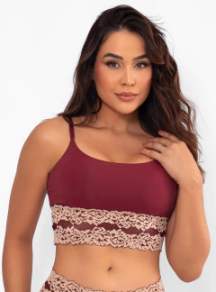 Top Com Bojo Removivel Com Renda Glam Wave Bordô/Bege 5310