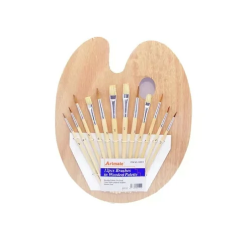 Paleta Oval Madera Con Set De Pinceles X 12 Ace0016