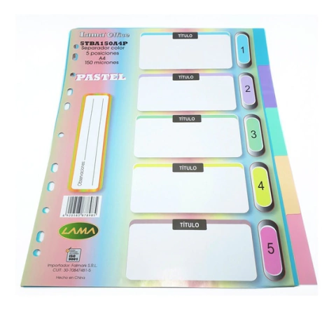 Separador Plastico A4 5 Posiciones Pastel