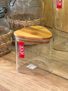 FRASCO TRIANGULAR DE VIDRIO HERMETICO TAPA MADERA (3 MEDIDAS) - DecoHome