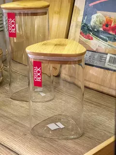 FRASCO TRIANGULAR DE VIDRIO HERMETICO TAPA MADERA (3 MEDIDAS) - tienda online