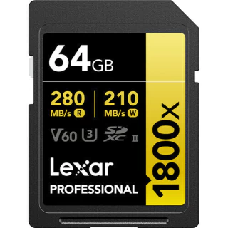 Cartão de Memória Lexar 64GB Professional 1800x UHS-II V60 SDXC (SERIE GOLD)