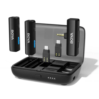 Sistema Microfone Lapela Duplo Sem Fio Boya Boyalink 2.4Ghz + Estojo de Carregamento (iphone / android / camera / notebook )