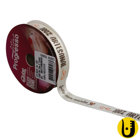 Fita de Cetim Decorada Feito com Carinho Champanhe 10mx15mm