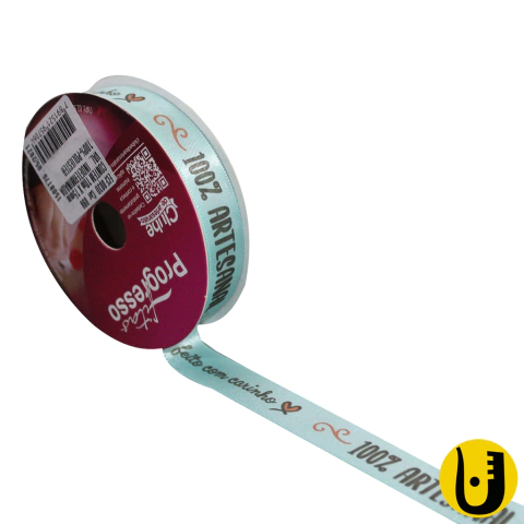 Fita de Cetim Decorada Feito com Carinho Tiffany 10mx15mm