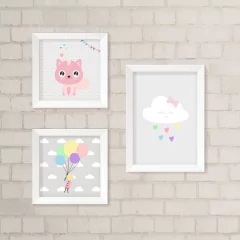 Kit de Quadros Nuvem, Gatinha e Menina com Balão