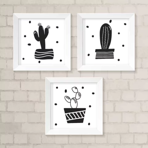 Kit de Quadros Cactus Preto e Branco