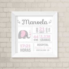 Quadro Nascimento Elefante Rosa e Cinza