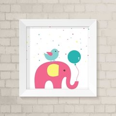 Quadro Infantil Elefante, Passarinho e Balão