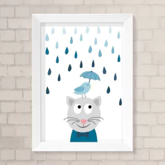 Quadro Infantil Gatinho e Passarinho