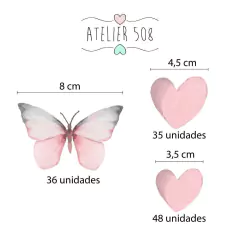 Adesivos Borboletas Aquarela Rosa com Cinza e Corações Rosa - Atelier 508