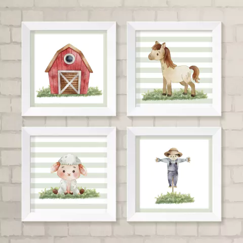 Kit 4 quadros Fazendinha Aquarela