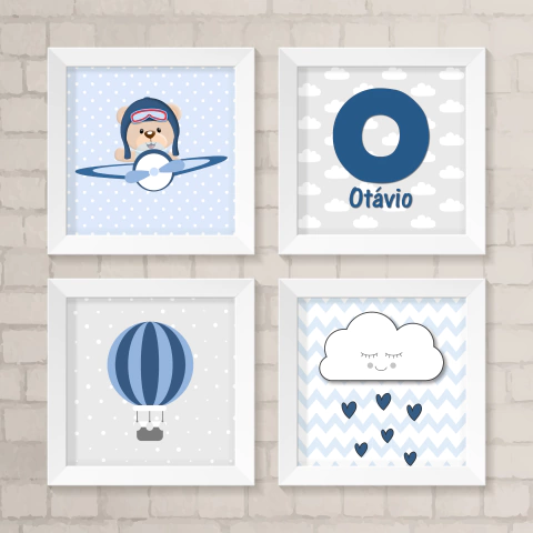 Kit de Ursinho Aviador, nuvem, inicial e balão