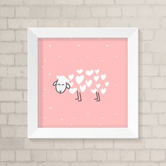 Quadro Infantil Ovelhinha e Corações fundo Rosa