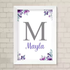 Quadro com Inicial e Nome Floral Lilás Aquarela