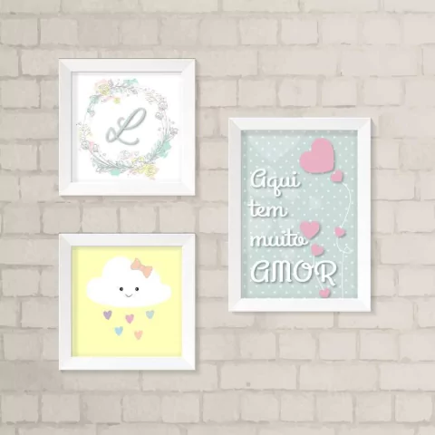 Kit de Quadros Coração, Inicial e Nuvem