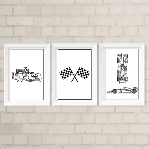 Kit de Quadros Formula 1 Preto e Branco