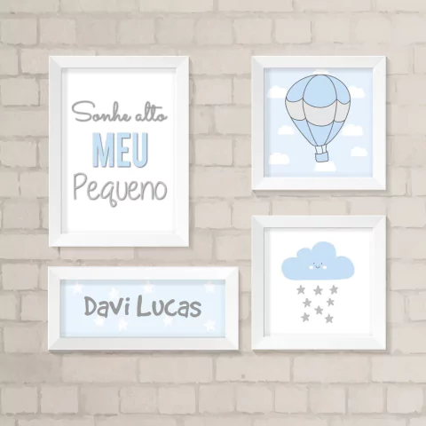 Kit de Quadros Sonhe Alto, Nuvem e Balão com Nome