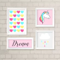 Kit de Quadros Unicórnio e Corações