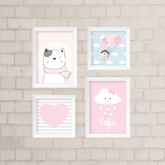 Kit de Quadros Gatinho, Menina, Coração e chuva de Amor com Nome