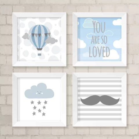 Kit de Quadros Balão, Bigode, Nuvem