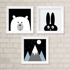 Kit de Quadros Azul e Preto - Urso, Coelho e Montanha