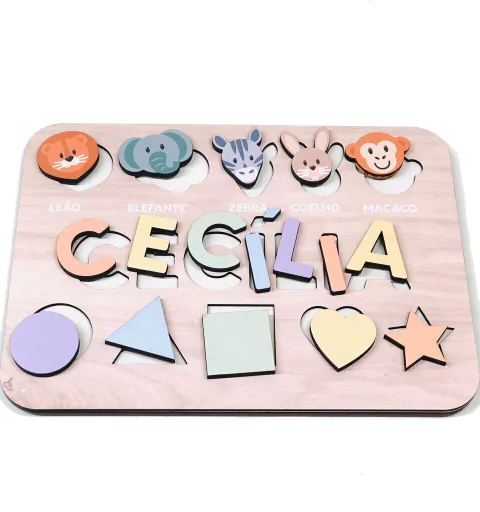 Tabuleiro de Encaixe Nome, Bichinhos e formas geométricas mod2