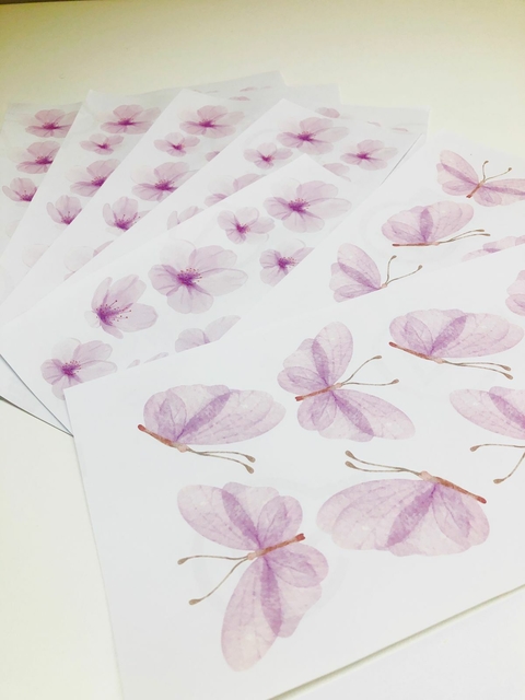 Adesivos Flores de Cerejeira e Borboletas Aquarela LILÁS