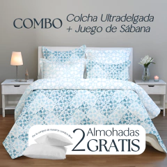 COMBO Colcha ultradelgada + Juego de Sábana Roma Mosaico Azul - comprar online